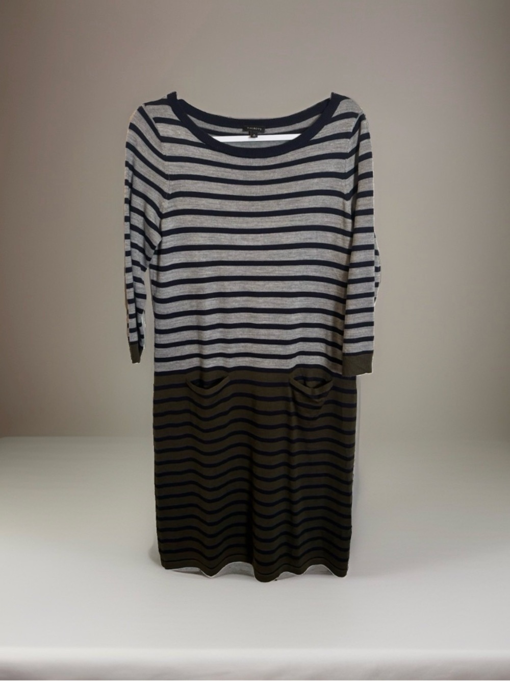 Talbots Sweater Dress Women's Medium Wool Blend Olive Gray Striped Midi 3/4 Slv